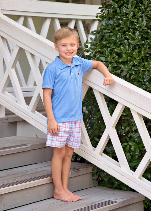 Blue Polo w/ Red Puppy, Patriotic Plaid