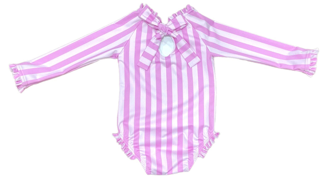 Leighton One Piece Rash Guard Swim, Pink Stripe (Ready to Ship)