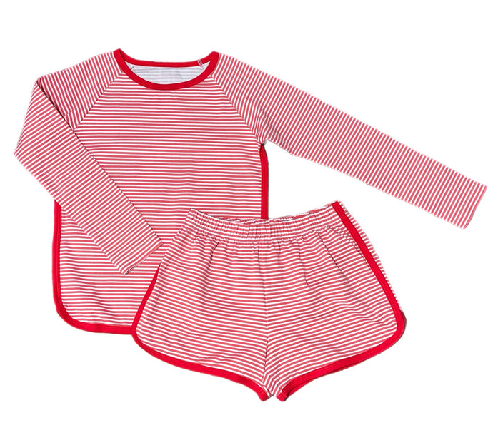 Long Sleeve/Short Lounge Set, Red Stripe