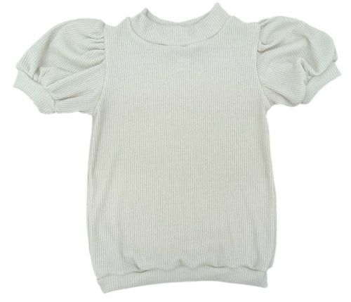 Cream Short Sleeve Puff Top, Basic Ribbed Sparkle BE (Ready to Ship)