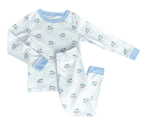 Two Piece Jammies, Blue Santa Pima Knit (Ready to Ship)