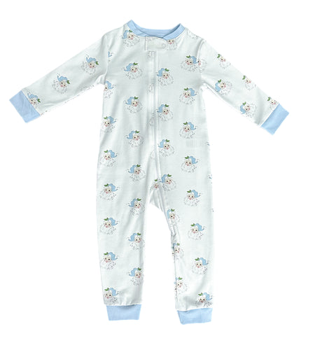 One Piece Zip Up Jammies, Blue Santa Pima Knit (Ready to Ship)