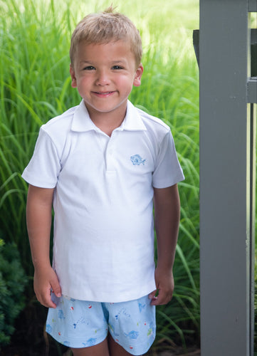 White Polo with Blue Fish, Lets Go Fishing (Ready to Ship)