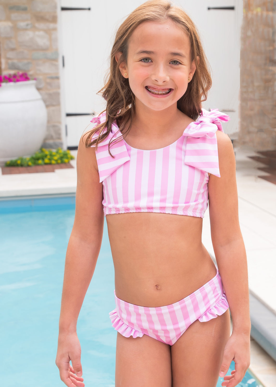 Lucille Two Piece Bow Swim, Pink Stripe